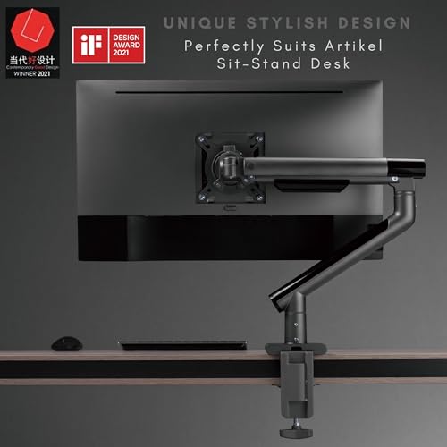 Image of Artikel Single Monitor Desk Mount | Adjustable Heavy Duty Monitor Arm | VESA Mount with C Clamp & Grommet Mounting Base | Computer Monitor Stand (Grande Metallic, Single)