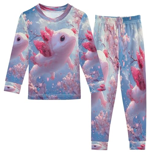 Pajama Sets Long Sleeve Kawaii Axolotl with Cherry Blossoms Soft Comfy Sleepwear 2 Piece PJS 3-8T