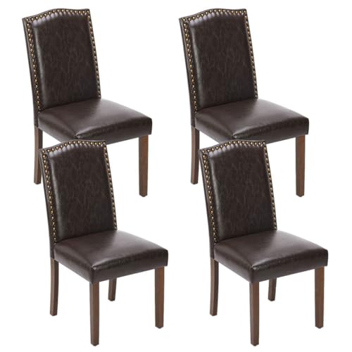 Kitchen Chairs Set of 4 Modern Upholstered Fabric Seat with Nailhead Trim and Ergonomic Lumbar Support for Living Room and Rustic Farmhouse Dining Area, Dark Brown