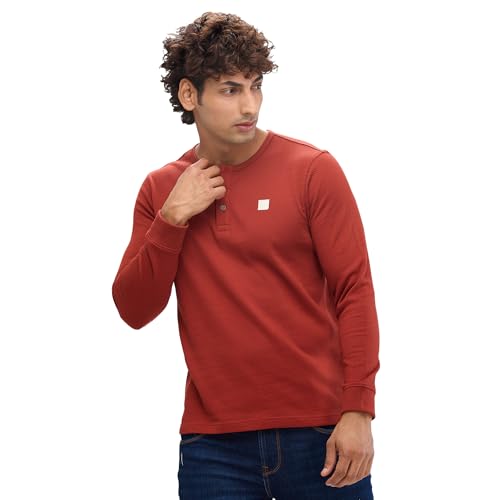 Image of Spykar Men's Slim Fit Henley Neck Full Sleeve Solid Casual T-Shirt