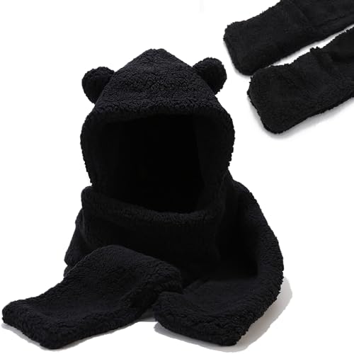 Umeepar Winter Bear Ear Sherpa Hood Hat Scarf Gloves 3 in 1 Hooded Scarf for Women Men (Black)