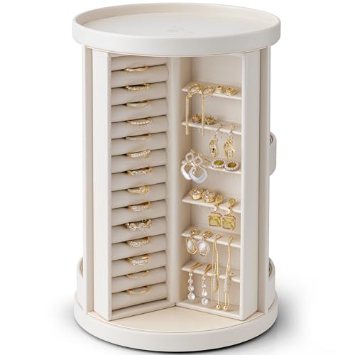 Vlando 360°Rotating Jewelry Box,Earring Organizer Large Vertical Jewelry Organizer with 6 Necklace Hooks, Open Ring Display Storage for Women - Cream White