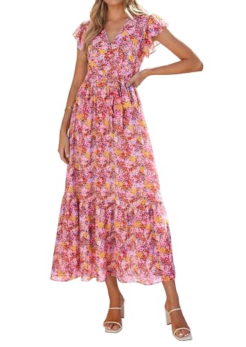 Image of PRETTYGARDEN Women's Summer Floral Boho Maxi Dress | Short Sleeve Wrap V Neck, Long Flowy Ruffle Dresses, Spring Wedding Guest Outfits for Beach Vacation, Resort Wear, Tea Party