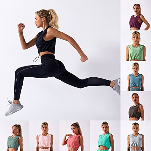 yeacher Conjunto feminino de 2 PCS para ioga sem mangas camiseta sem mangas com cordão elástico legg