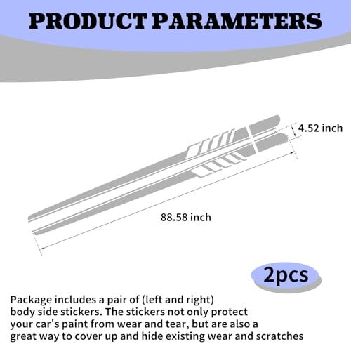 Image of ijuicy 2 PCS Car Body Racing Style Long Stripes Decals, 88.58 inch x 4.52 inch Racing Stripe Car Side Skirt Stickers, Suitable for Most Cars (White)