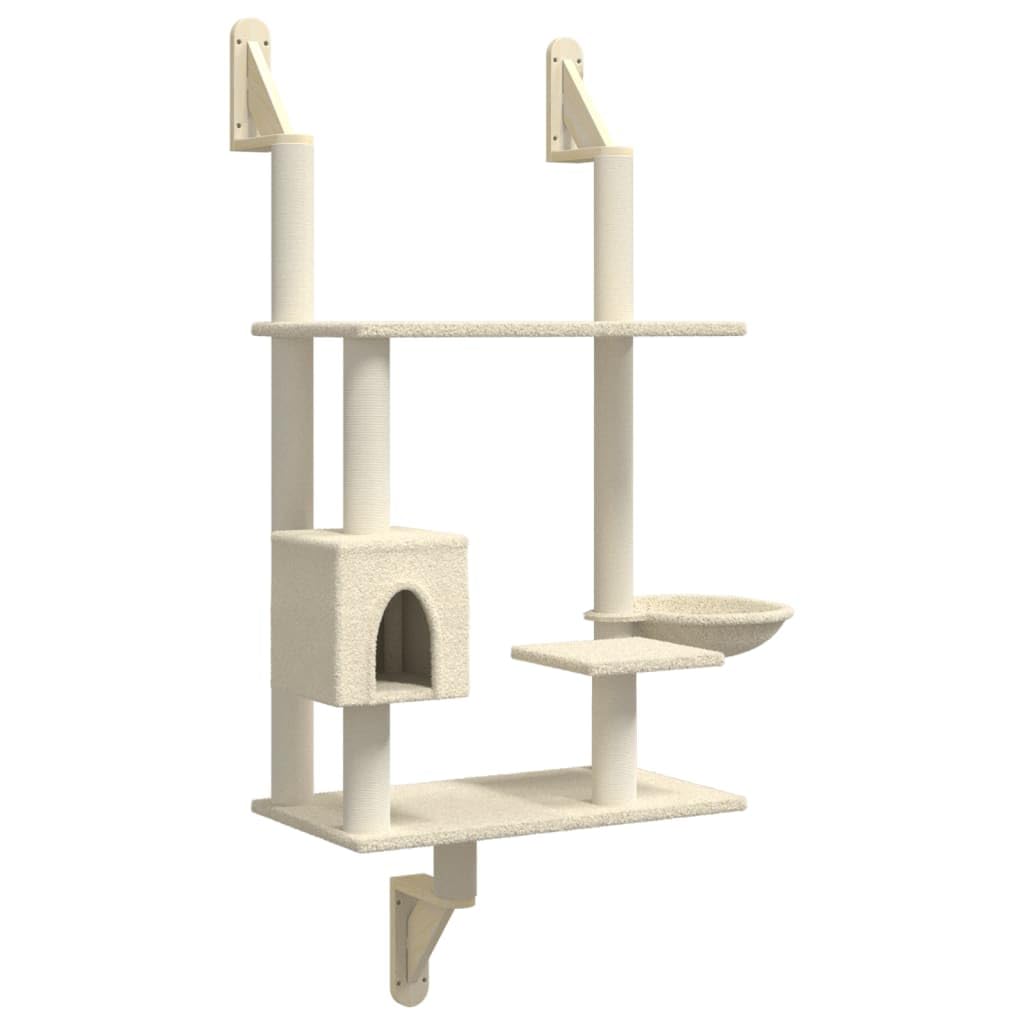 vidaXL Albero per Gatti con Tiragraffi a Parete Crema 153 cm, tiragraffi per gatti, mobili per gatti, torre per gatti a parete, torre per gatti