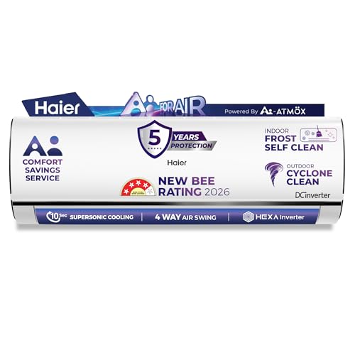 Image of Haier 1 Ton 4 Star, New star rated, Wi-Fi HEXA Inverter Smart Split AC (AI Cooling, Energy Saving & Self-Clean, 7 in 1 Convertible, Copper, 4-way Swing, Cools in 10 Sec at 60C,White)-HSA14KU-CAI4NB-I