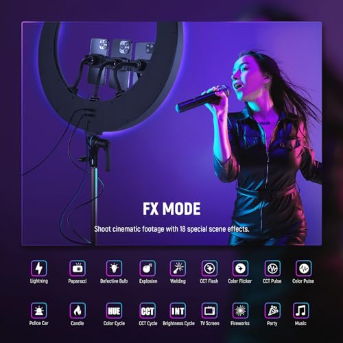 NEEWER 19" RGB LED Ring Light with Stand, 3 Phone Holders, Touch Panel, 2.4G/App Control, 42W CRI97+ 2800lux/0.5m 360° Hue Dimmable Professional Lighting for Makeup Live Streaming Zoom Calls, RP19C - image 5