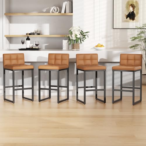 Image of Bar Stools Set of 4, Modern Counter Height Barstools, Orange | 24 inch Faux Leather Bar Chairs with Back, Footrest, Sturdy Thickened Metal Leg, Upholstered Counter Stools for Kitchen Island