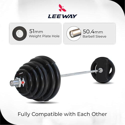 Image of Leeway Olympic Weight Lifting 50kg Set | 7ft Chrome Barbell + 51mm Rubber Coated I Plates | Heavy Duty Home Gym & Commercial Fitness Equipment | (Black, 50kg Set (2.5kgX2 + 5kgX2 + 7.5kgX2 + 10kgX2))