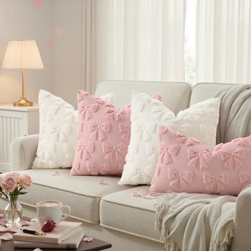 Image of decorUhome Pink Bow Pillow Covers Set of 2 Coquette Aesthetic Cute Preppy Plush Faux Pillowcases for Girly Bedroom or Couch 18x18 Inch