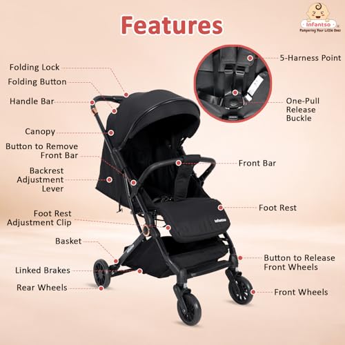 Image of Infantso RIDE-X Premium Baby Stroller / Pram Auto Fold with 5 Points Safety Harness, Multi Level seat Recline & Spacious Cushioned seat, One-Hand Fold and 360 Rotating Wheels, Travel Friendly, Extendable Canopy, Adjustable Footrest, Shock Absorption Wheels, Lightweight Stroller for 0 to 3 Years (Black)