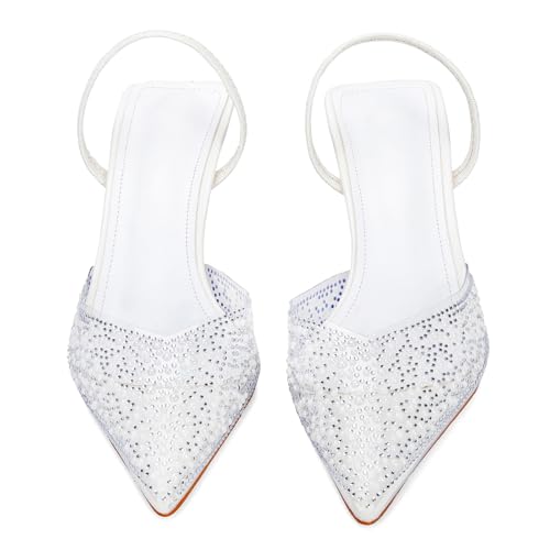 Image of YIYA Women's Clear Slingback Heels with Pearl Studded Pointed Toe Kitten Mid Heels Sparkly Rhinestone Slip On Wedding Party Shoes