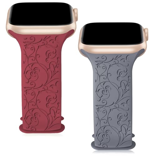 Floral Totem Engraved Apple Watch Strap 2-Pack, Soft Silicone Wristband, Fits 38mm-45mm
