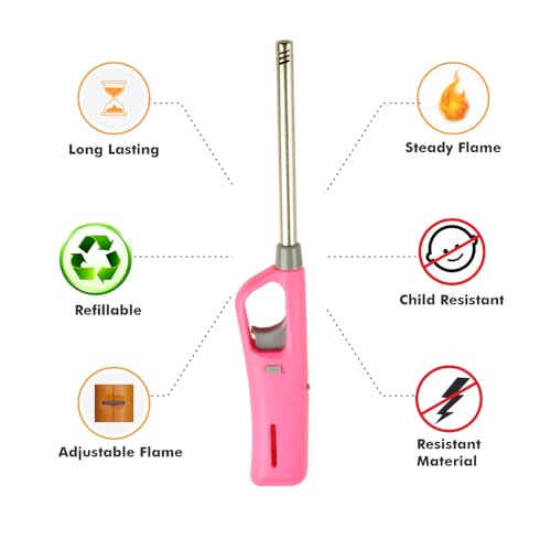 Image of Genesis Refillable Windproof Gas Flame Lighter Long Reach Utility Lighters for Kitchen, Stove, BBQ, Candles, Camping Indoor Outdoor Use, Refillable Gas Safety Lighter (Pink, Red) (Pack of 2)