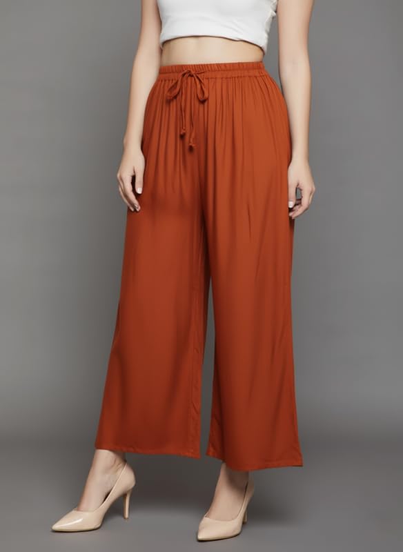 Image of Super Soft Viscose Rayon Flared Palazzo Pants for Women Stylish Wide Leg Straight Relaxed Fit Casual Ethnic Office Wear