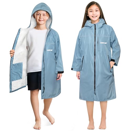 SUN CUBE Swim Parka Boy Girl, Kids Unisex Hooded Changing Robe with Sherpa Lining for Swimming, Surfing, Water Sports