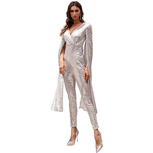 Miss ord Women Sexy deep v Angel Wings Sequin Evening Party Cocktail Playsuit Silver X-Small