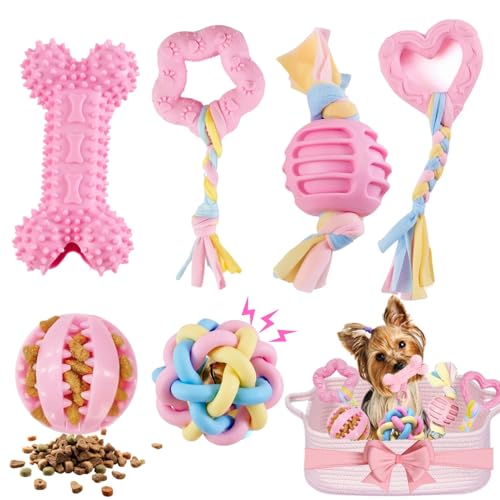 Pink Puppy Toys, 6- Pack Teething Chew Toys, Soft Durable Rubber Teething Toys for Puppies Small Breeds, Eco-Friendly, Interactive Puppy Chew Toys for Small Dogs, (Basket not Included)