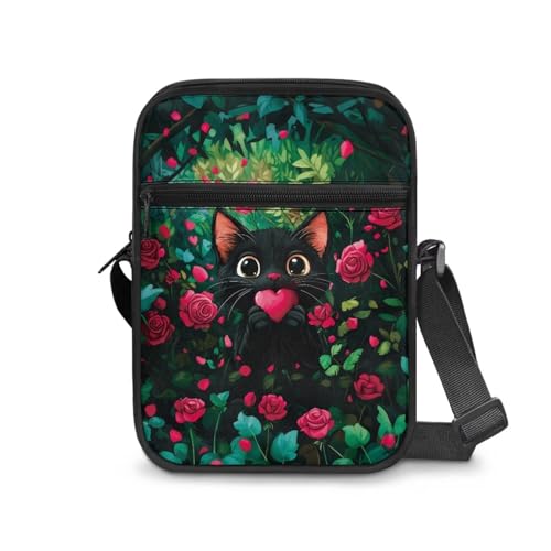 Small Messenger Bag, Black Cat Women'S Lightweight Shoulder Wallet Cross Body Purse Fashion Travel Shoulder Bag Front & Back Pockets for Phone Passport Daily Items