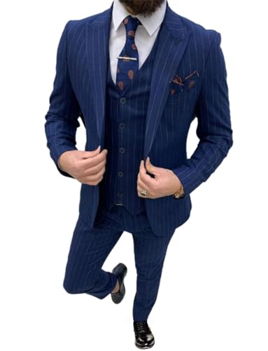 Men's Stripe Suit 3Pcs Peak Lapel Single Breasted Button Jacket Vest Pants for Business/Casual/Daily