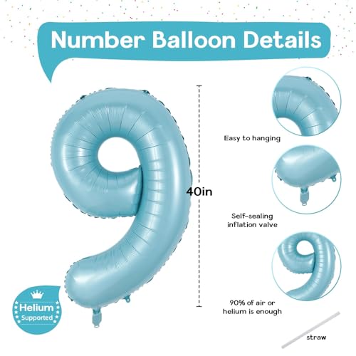 Image of 9 Balloons Number, 40 Inch Large Light Blue Mylar Number 9 Balloon, Baby Sky Blue Foil Self Inflating Helium Number 9 for Boys Kids 9th Age Birthday Party Decor Anniversary Decorations Supplies