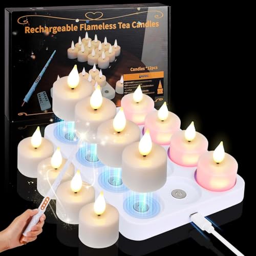 KIKILIVE velas led recargables,12 Piezas sin llama Velas de té LED con estación de carga, temporizador y Magia mando a distancia, para Navidad, Halloween, decoración del hogar