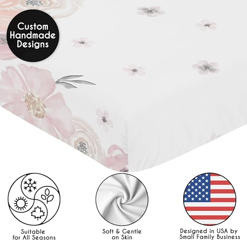 Image of Sweet Jojo Designs Fitted Baby Crib Sheets (Pink /Grey Boho Floral) for Girls, Infant Nursery, Toddler Room - Standard Size (Photo Op, Rose, Flower, Bohemian, Farmhouse, Wildflower, Nature, Elegant)