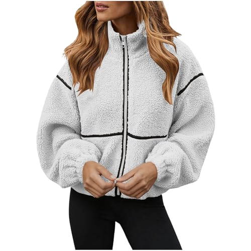 Lovraj Chaqueta de peluche para mujer, color marrón, chaqueta de peluche corta de forro polar, chaqueta de invierno mullida, cuello alto, chaqueta de forro polar, chaqueta térmica de felpa
