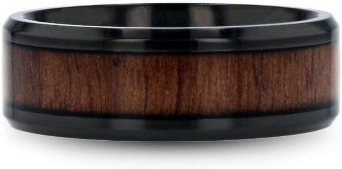 KONY Black Titanium Polished Beveled Edges Black Walnut Wood Inlaid Men’s Wedding Ring - 6mm & 8mm - Image 3