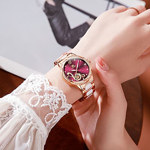 Image of OLEVS Women's Wrist Watches Automatic Red Face Self Winding Watches for Women reloj para Mujer Rose Gold Mechanical Dress Diamond Ladies Waterproof Without Battery Music Note