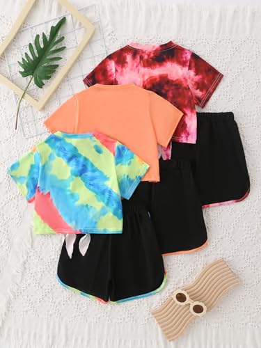 Image of Girls 6 Piece Outfits Letter Print Vacation Tee Top and Dolphin Shorts Tracksuit Sets for Kids Sports, Casual, Dance