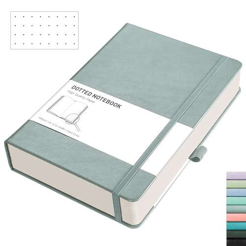 RETTACY A5 Bullet Dot Grid - Dotted Notebook With 320 Numbered Thick Journal Leather Hardcover 100gsm Paper Pen Holder, Inner Pocket, 2 Free Journal Stencils 14.5 x 21cm - Gray Blue