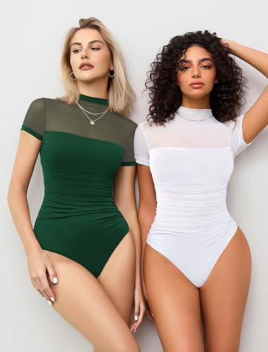 Image of Avidlove Women's Short Sleeve Bodysuit Turtle Neck Body Suits Mesh One Piece Leotard Going Out Tops Date Outfits