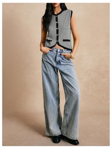 Image of GORGLITTER Women's Striped Button Up Cropped Sweater Vest Sleeveless Knit Vest Tops 2025 Trendy Outfits
