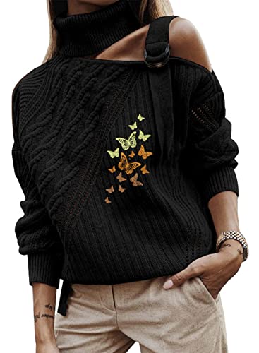 Asvivid Oversized Sweaters For Women Butterfly Printed Turtleneck Chunky Knit Sweater Cold Shoulder Tops Loose Jumper Sweaters Black Xxl Plus Size #TOP2