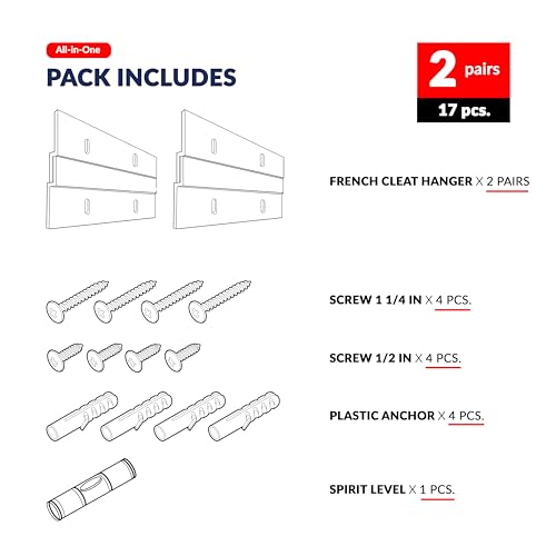 Image of French Cleat Hanger Kit 4 inch 2 Pairs 50 lb Z Hanging Heavy Picture Mirror Frame Wall Mounting Bracket Aluminum Hardware Duty Hooks Drywall Clips Large Canvas Painting Headboard Whiteboard