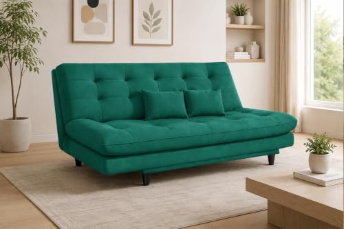 Image of 3-Seater Velvet Sofa Cum Bed | Tufted Convertible Sleeper Sofa | Plush Cushioned Seating | Space-Saving Design for Living Room, Bedroom & Office | Green