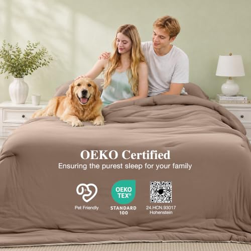 Image of MUXHOMO Cooling Comforter Set King Size, Lightweight Summer Comforter for Hot Sleeper, Reversible Bedding with ICY Cooling Surface, Includes 1 Comforter (104 inchx90 inch) and 2 Shams (20 inchx 36 inch), Khaki