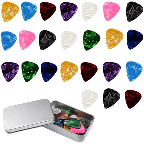 24 Stück Plektrum mit 0,5mm/0,75mm/1,0mm/1,2 mm Dicke, Plectrum für Akustikgitarre, E-Guitar, Ukulele, Bass, Guitar Picks, Zelluloid