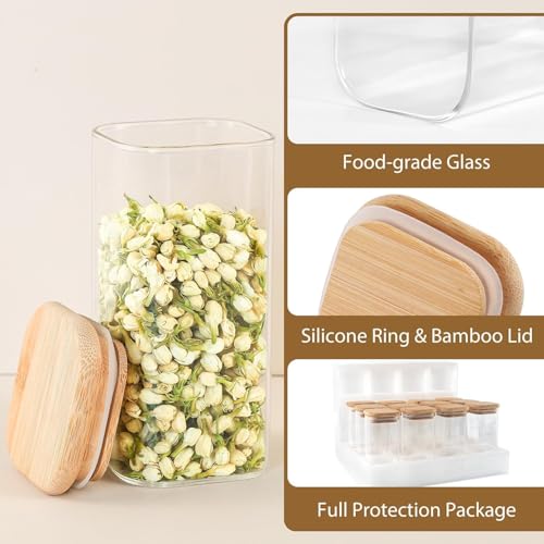 Image of Square Glass Jar Wooden Lid Food Storage Containers Set,Airtight Food Jars With Bamboo Lids & 330 ml Glass Jar With Wooden Lid Kitchen Container Sugar Glass set of 12 (330 ML- SQ-X JAR-)