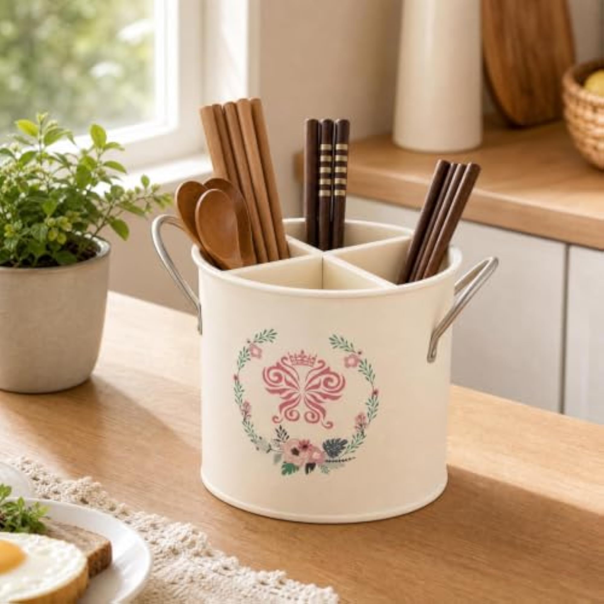 Utensil Holder with Removable Divider, Galvanized Iron Organizer
