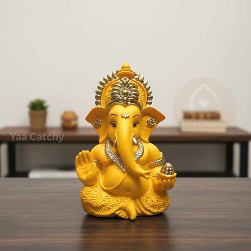 Image of Mango Yellow Ganesha Idol Car Dashboard Idol Ganesha Murti Ganpati Idol for Home Decor Pooja Lord Ganesh Statue Gift for Office Desk Pooja Room (Ganesha Yellow & Gold)