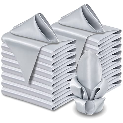 Aormenzy 60 Pack Silver Satin Napkins 17 x 17 Inch Square Cloth Napkins for Wedding Banquet Party Decoration