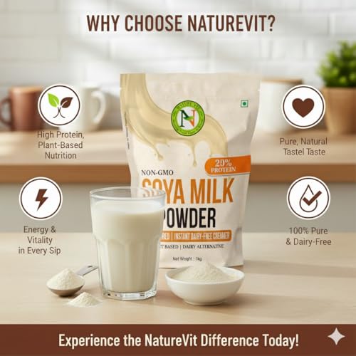 Image of Nature Vit SOYA Milk Powder, 1 kg [Plant-Based / Vegan Milk Alternative, Non-GMO & 49% Protein & Sugar Free]