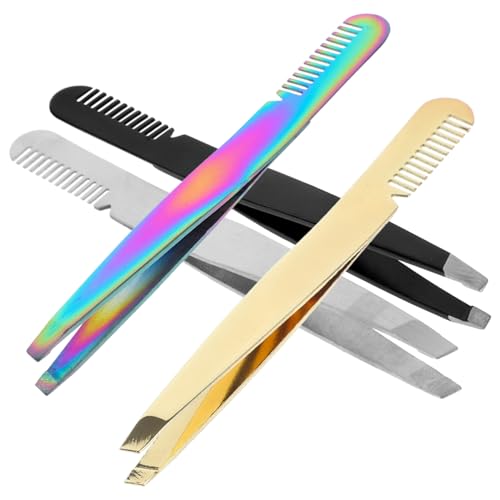 LIFKOME 4 piezas Pinzas para Cejas de Acero Inoxidable de Punta Inclinada para Depilación Precisa Accesorios de Belleza para Mujer Perfilador y Depilador Facial Portátil
