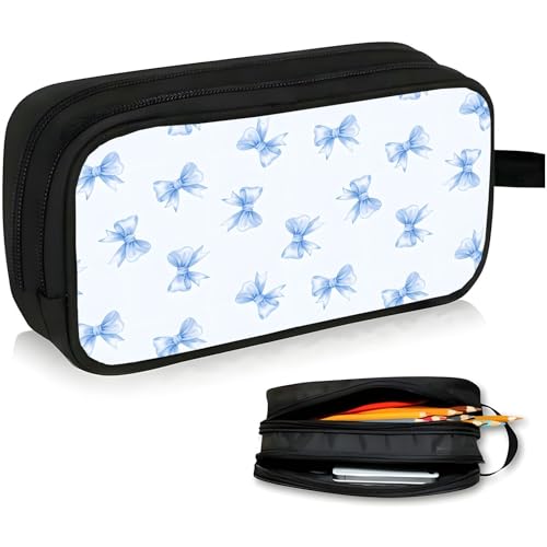 Image of WOBAGMEN Double Layer Pencil Case with Handle Large Pencil Bag Cute Print Pencil Pouch for Boys Girls (Blue Bow)