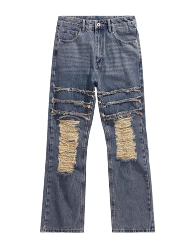 Men’S Retro Loose Straight Patchwork Denim Trousers Slim Fit Button Fly Distressed Stone Washed Full Length Jeans