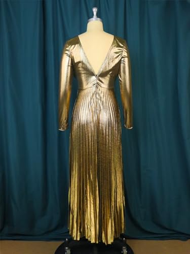 AOMEI Women's Luxury Metallic V Neck Low Back Long Sleeve Elegant Pleated Maxi Dress4