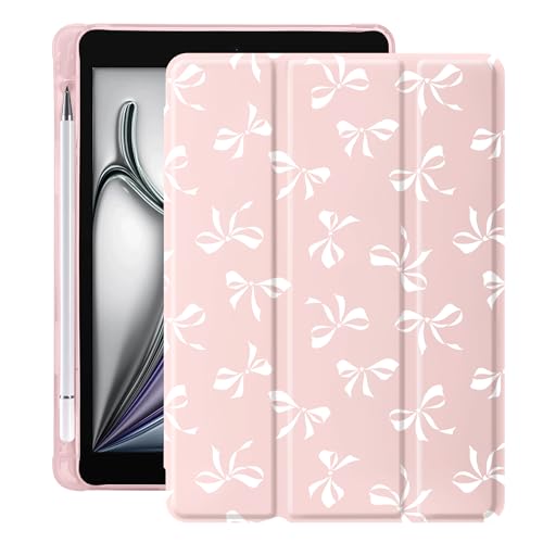 Idocolors Lovely White Bow Pad Case for 10.2 Inch iPad 9th/7th/8th Generation, Clear TPU Stand Back Cover with Pencil Holder, Pink Auto Wake/Sleep Adjustable iPad 2021/2020/2019 Case